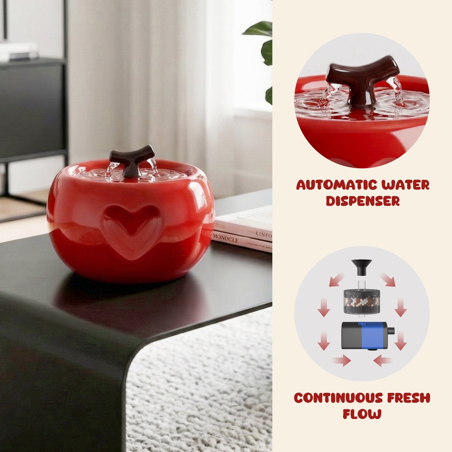 Apple-Shaped Ceramic Cat Water Fountain 50oz, Large-Capacity Quiet Pet Drinking Fountain with Multi-Layer Filtration, Cute Decor for Cats & Kittens