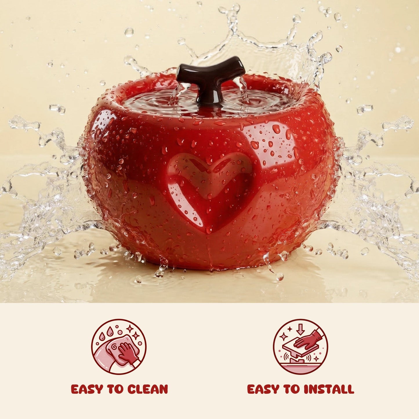 Apple-Shaped Ceramic Cat Water Fountain 50oz, Large-Capacity Quiet Pet Drinking Fountain with Multi-Layer Filtration, Cute Decor for Cats & Kittens