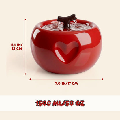 Apple-Shaped Ceramic Cat Water Fountain 50oz, Large-Capacity Quiet Pet Drinking Fountain with Multi-Layer Filtration, Cute Decor for Cats & Kittens