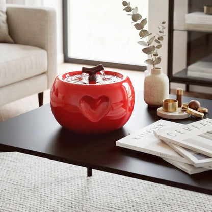 Apple-Shaped Ceramic Cat Water Fountain 50oz, Large-Capacity Quiet Pet Drinking Fountain with Multi-Layer Filtration, Cute Decor for Cats & Kittens