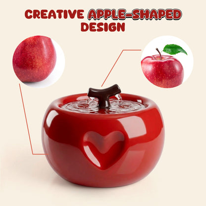 Apple-Shaped Ceramic Cat Water Fountain 50oz, Large-Capacity Quiet Pet Drinking Fountain with Multi-Layer Filtration, Cute Decor for Cats & Kittens