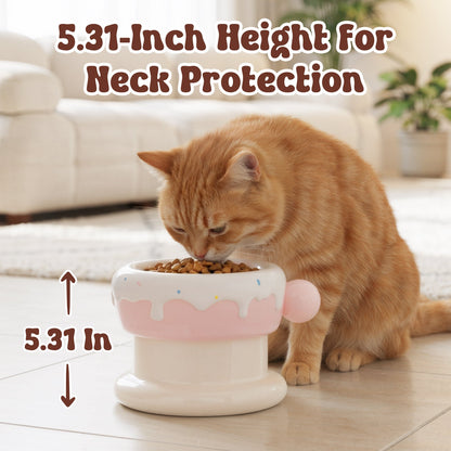 Elevated Ceramic Cat Bowl Set with Donut Design, 27oz Raised Food & Water Bowls, Whisker-Friendly Shallow & Deep Dishes, Anti-Strain Cat Feeder