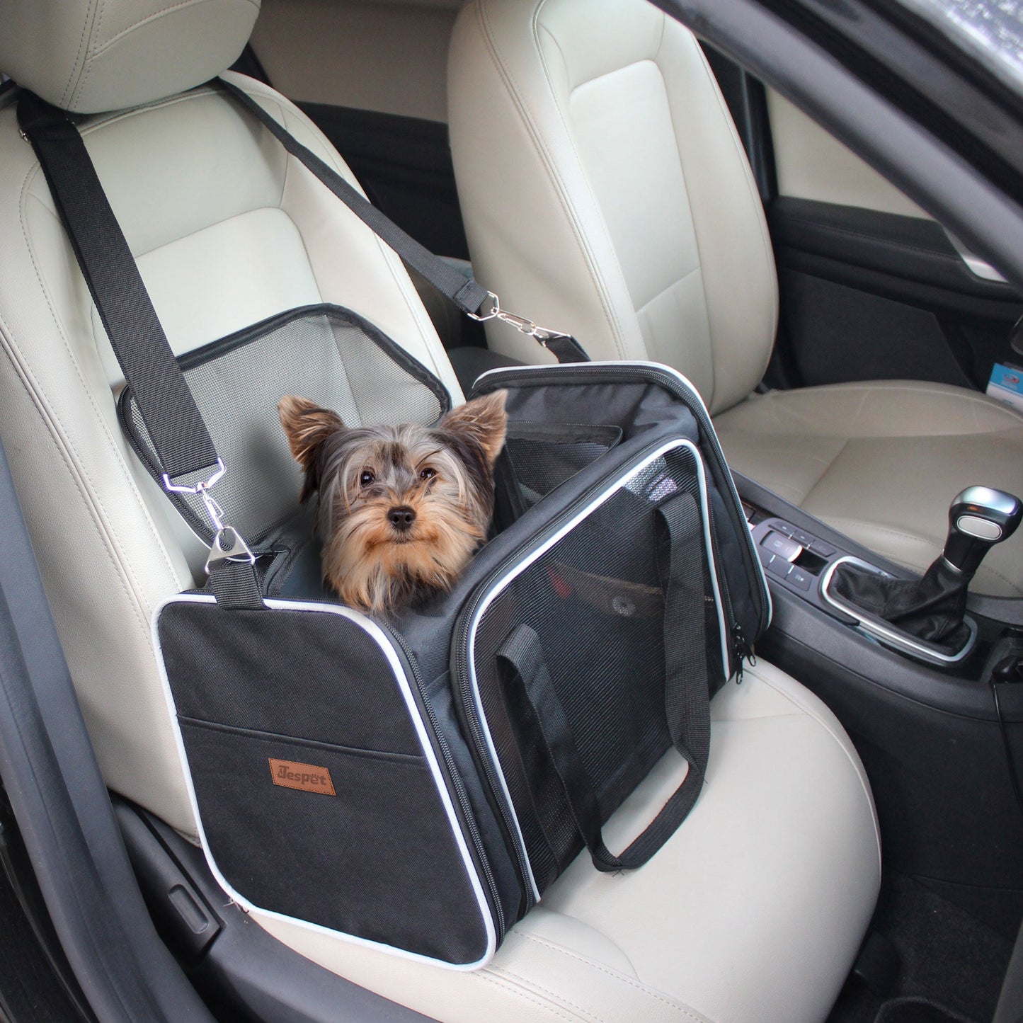 Durable Soft-Sided Travel Carrier for Small Dogs & Cats up to 19 lbs, Waterproof Pet Bag with Mesh Windows & Seat Belt Strap, for Car & Vet Trips