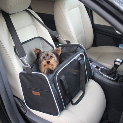 Durable Soft-Sided Travel Carrier for Small Dogs & Cats up to 19 lbs, Waterproof Pet Bag with Mesh Windows & Seat Belt Strap, for Car & Vet Trips