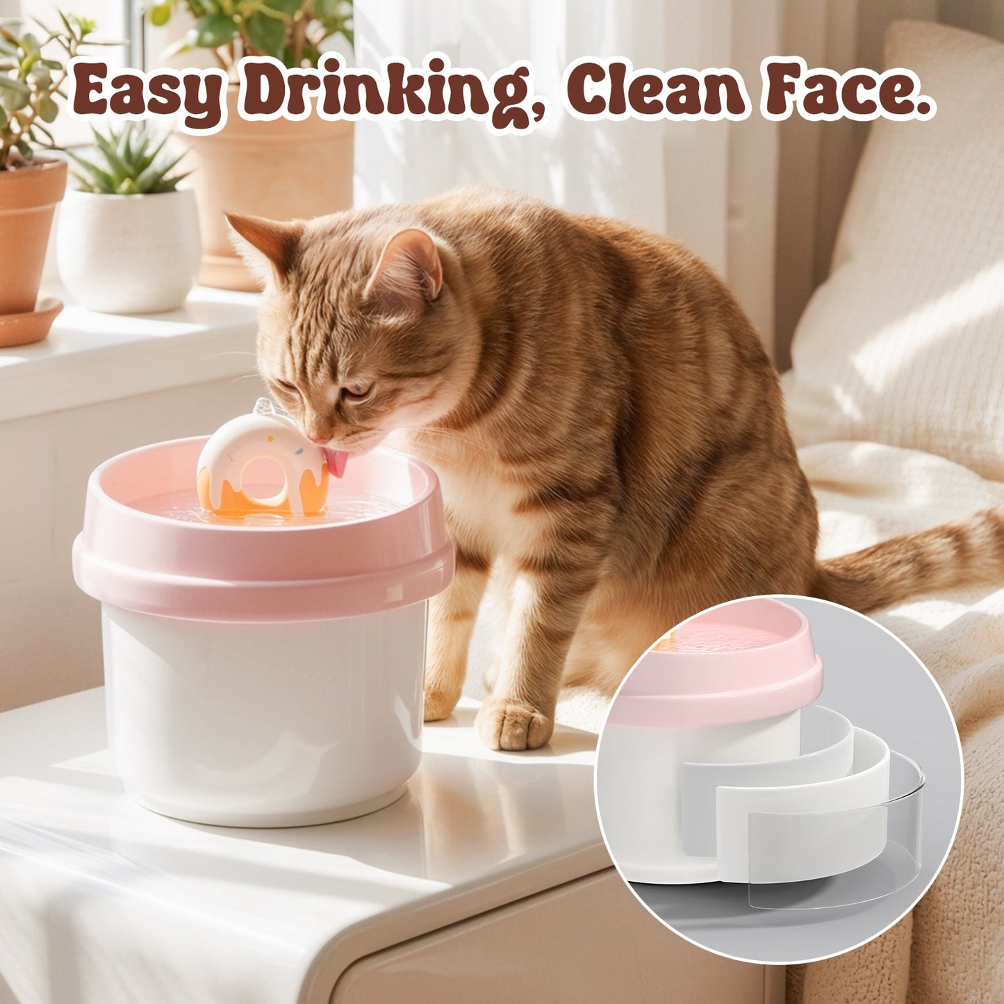 Donut-Shaped Ceramic Cat Water Fountain 42oz, Ultra-Quiet Automatic Pet Drinking Fountain with Filter, Dust Cover & Smart Sensor, for Cats & Pets
