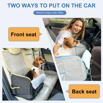 Portable Dog Booster Car Seat for Small & Medium Dogs, Waterproof Travel Pet Car Bed with Safety Leash, Foldable Elevated Seat for Pets up to 25 lbs