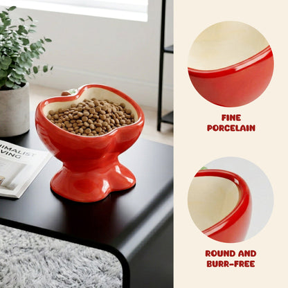 Elevated Ceramic Cat Food Bowl with Tilted Design, Raised Apple-Shaped Feeding Dish for Cats & Kittens, Easy-Clean Bowl for Wet & Dry Food & Treats