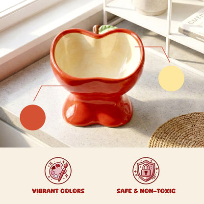 Elevated Ceramic Cat Food Bowl with Tilted Design, Raised Apple-Shaped Feeding Dish for Cats & Kittens, Easy-Clean Bowl for Wet & Dry Food & Treats