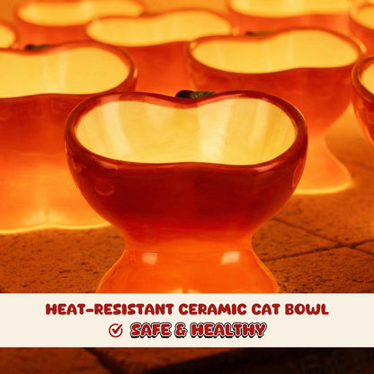 Elevated Ceramic Cat Food Bowl with Tilted Design, Raised Apple-Shaped Feeding Dish for Cats & Kittens, Easy-Clean Bowl for Wet & Dry Food & Treats