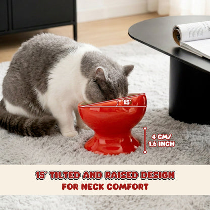 Elevated Ceramic Cat Food Bowl with Tilted Design, Raised Apple-Shaped Feeding Dish for Cats & Kittens, Easy-Clean Bowl for Wet & Dry Food & Treats