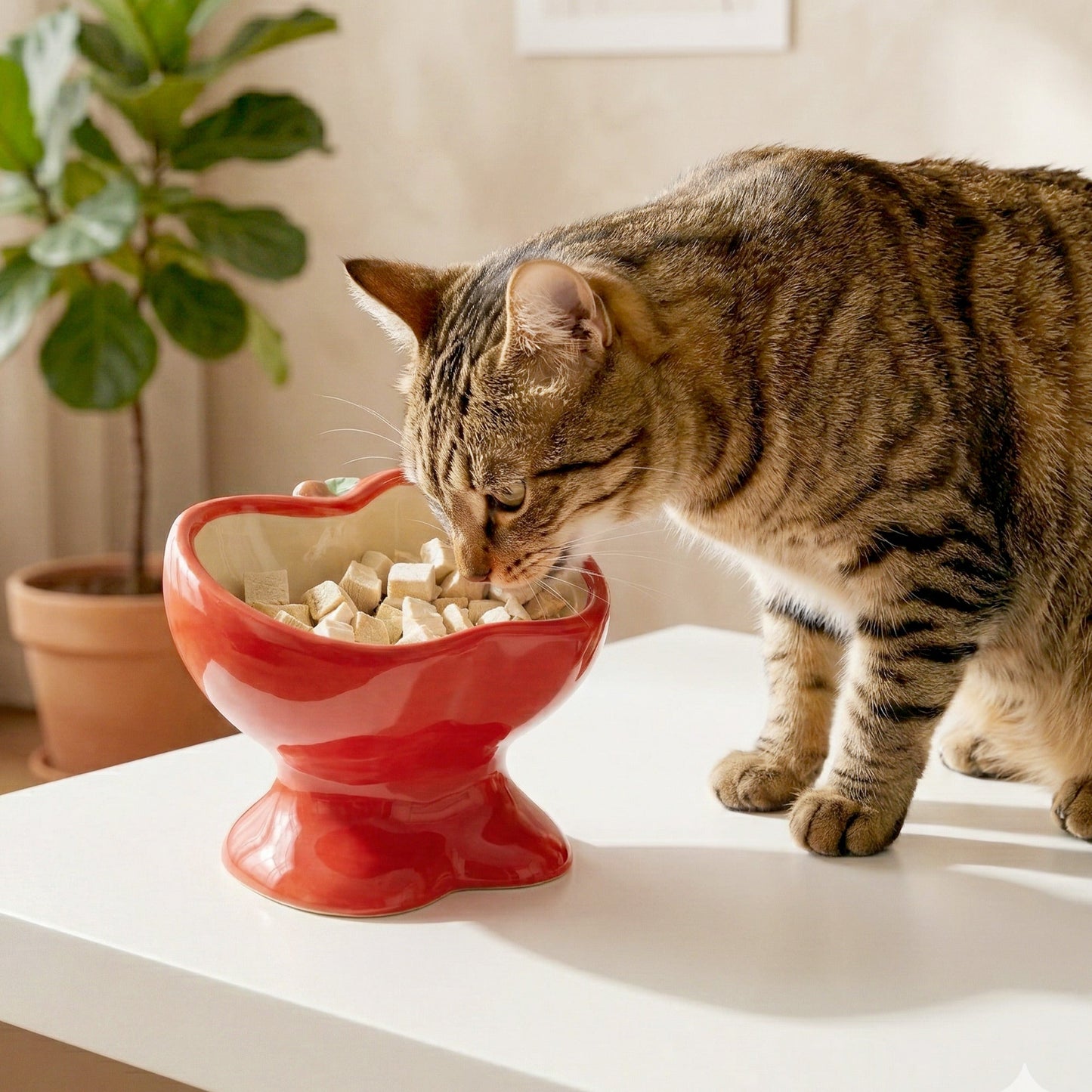 Elevated Ceramic Cat Food Bowl with Tilted Design, Raised Apple-Shaped Feeding Dish for Cats & Kittens, Easy-Clean Bowl for Wet & Dry Food & Treats