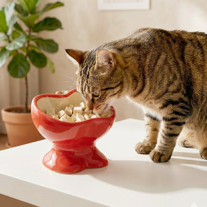 Elevated Ceramic Cat Food Bowl with Tilted Design, Raised Apple-Shaped Feeding Dish for Cats & Kittens, Easy-Clean Bowl for Wet & Dry Food & Treats