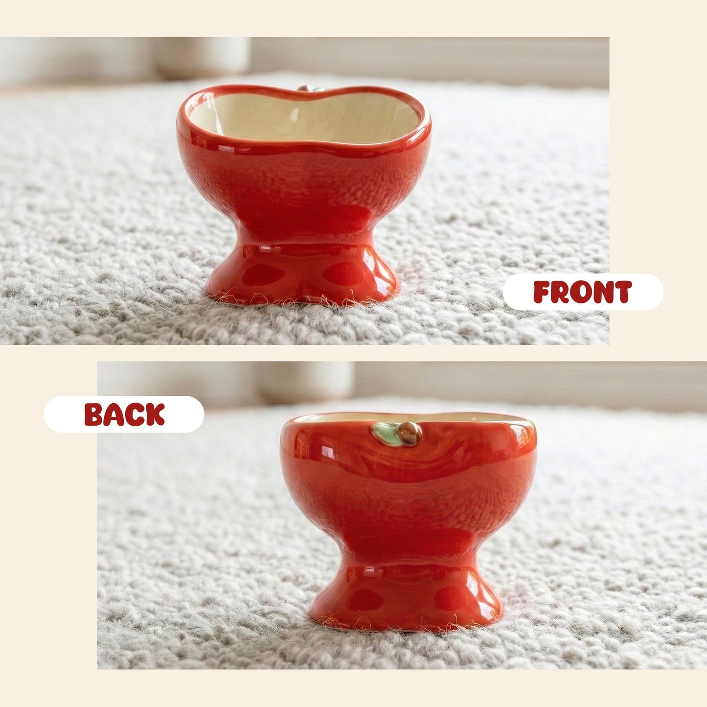 Elevated Ceramic Cat Food Bowl with Tilted Design, Raised Apple-Shaped Feeding Dish for Cats & Kittens, Easy-Clean Bowl for Wet & Dry Food & Treats