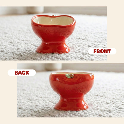 Elevated Ceramic Cat Food Bowl with Tilted Design, Raised Apple-Shaped Feeding Dish for Cats & Kittens, Easy-Clean Bowl for Wet & Dry Food & Treats
