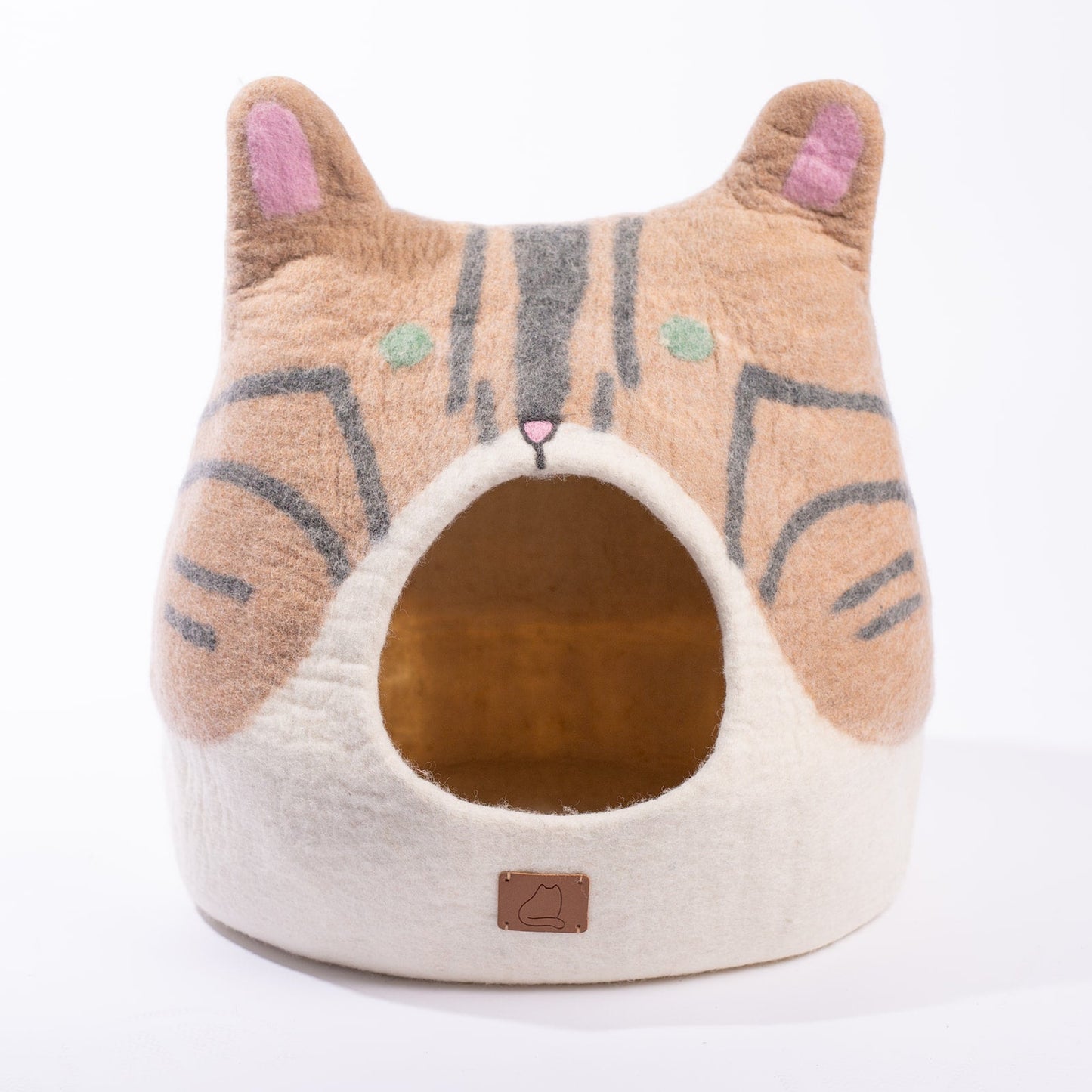 Bengal Cat Shaped Felted Wool Cat Cave for Indoor Cats & Kittens, Handmade Peekaboo Hideaway Bed with Striped Spotted Design, for Napping & Hiding