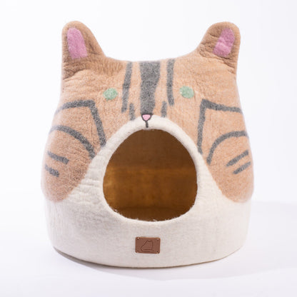 Bengal Cat Shaped Felted Wool Cat Cave for Indoor Cats & Kittens, Handmade Peekaboo Hideaway Bed with Striped Spotted Design, for Napping & Hiding
