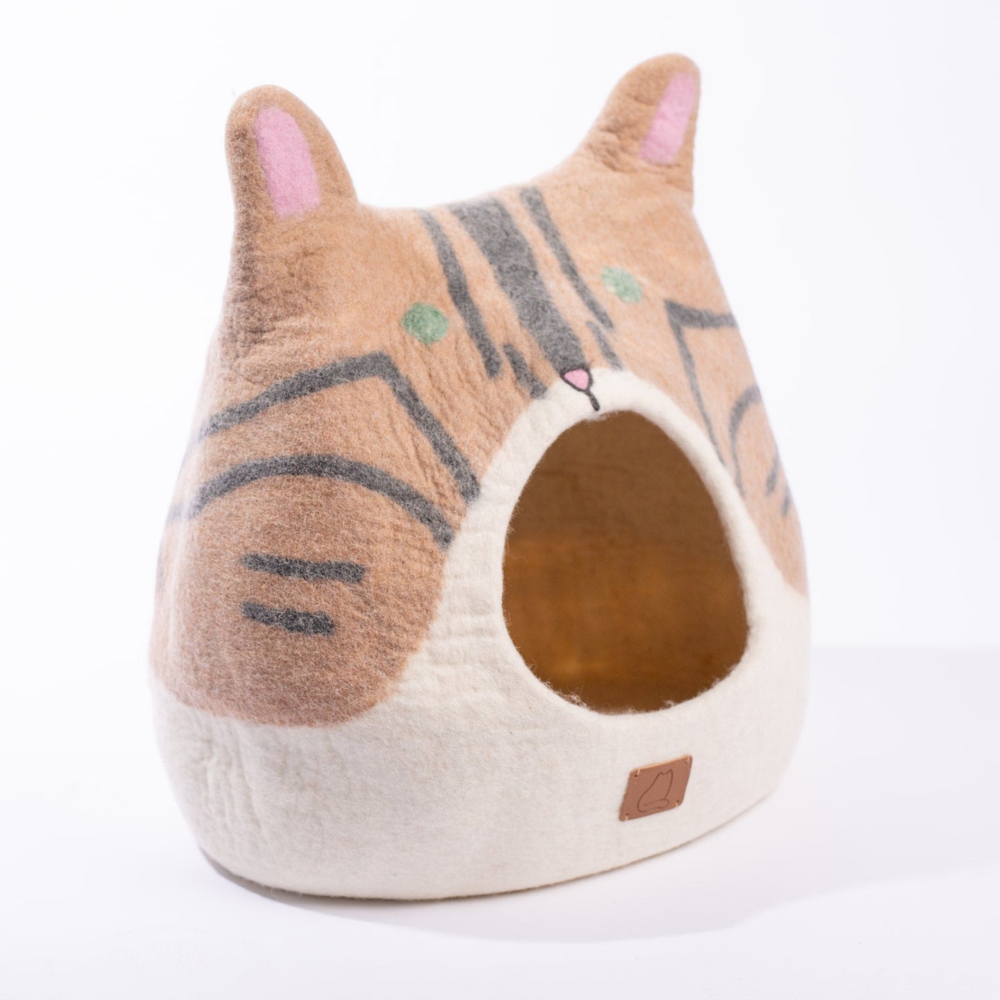 Bengal Cat Shaped Felted Wool Cat Cave for Indoor Cats & Kittens, Handmade Peekaboo Hideaway Bed with Striped Spotted Design, for Napping & Hiding