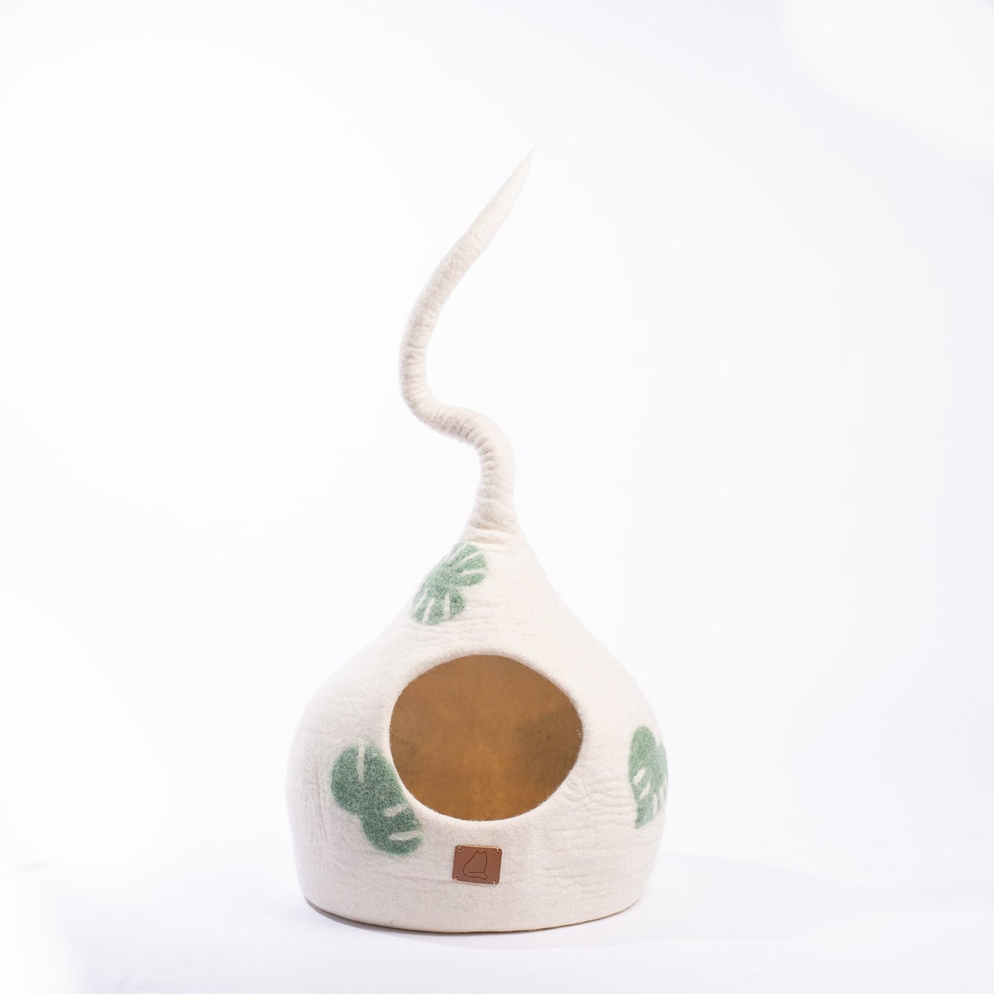 Monstera Leaf Felted Wool Cat Cave for Indoor Cats & Kittens, Handcrafted Botanical Peekaboo Hideaway Bed, for Napping, Hiding & Plant Lover Homes