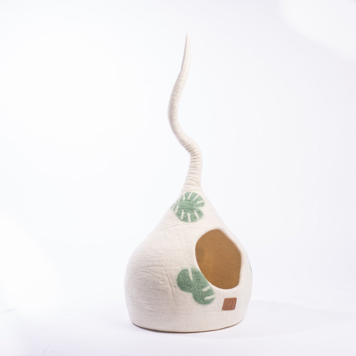 Monstera Leaf Felted Wool Cat Cave for Indoor Cats & Kittens, Handcrafted Botanical Peekaboo Hideaway Bed, for Napping, Hiding & Plant Lover Homes