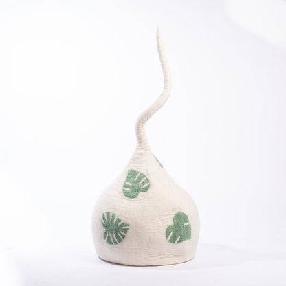 Monstera Leaf Felted Wool Cat Cave for Indoor Cats & Kittens, Handcrafted Botanical Peekaboo Hideaway Bed, for Napping, Hiding & Plant Lover Homes