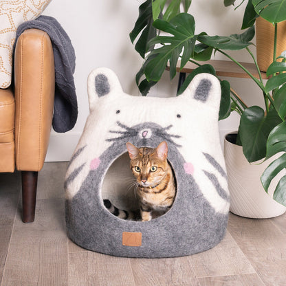 Cute Kitty Felted Wool Cat Cave for Indoor Cats & Kittens, Handcrafted Peekaboo Hideaway Bed with Ears & Whiskers, for Napping, Hiding & Playing