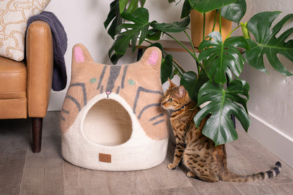Bengal Cat Shaped Felted Wool Cat Cave for Indoor Cats & Kittens, Handmade Peekaboo Hideaway Bed with Striped Spotted Design, for Napping & Hiding