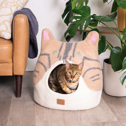 Bengal Cat Shaped Felted Wool Cat Cave for Indoor Cats & Kittens, Handmade Peekaboo Hideaway Bed with Striped Spotted Design, for Napping & Hiding