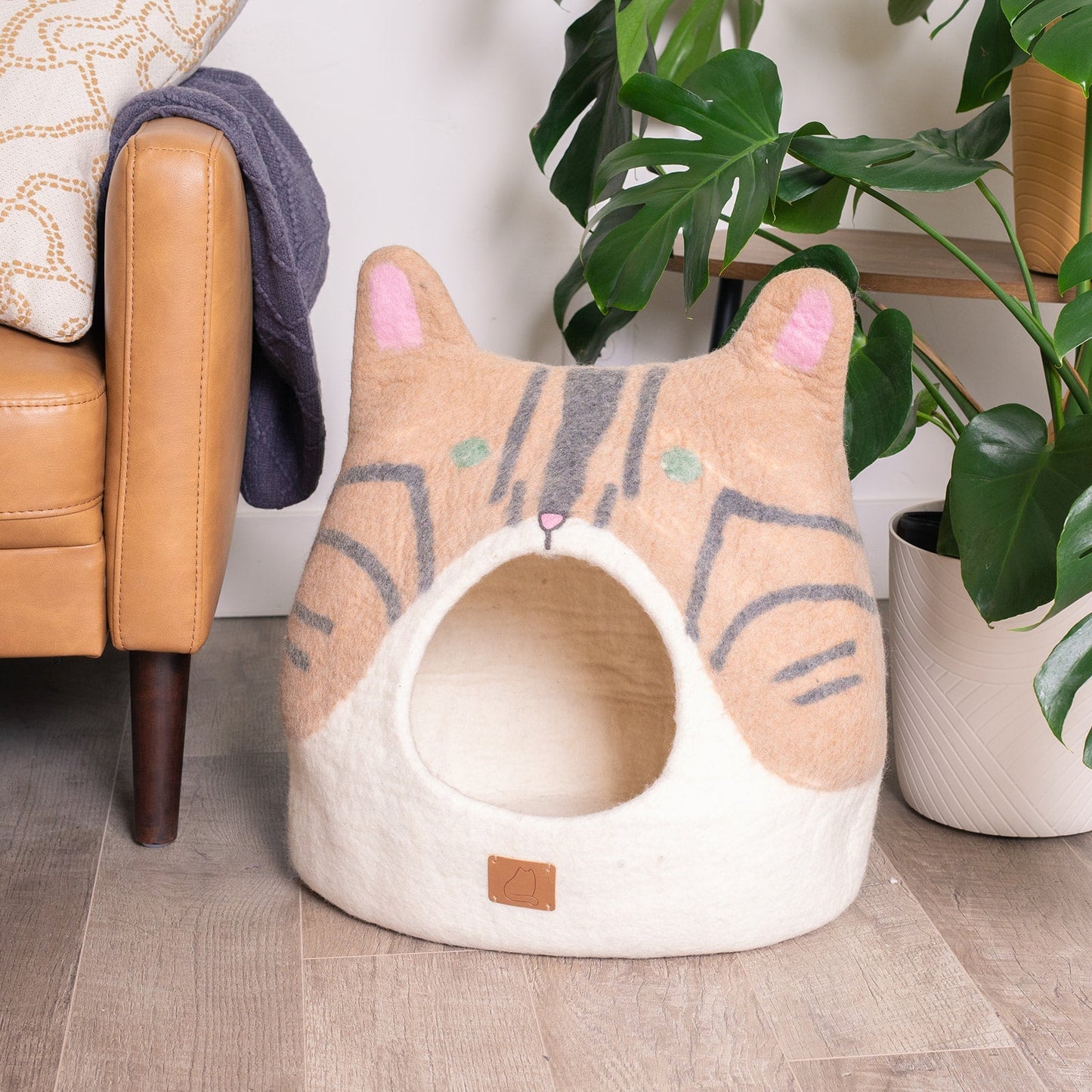 Bengal Cat Shaped Felted Wool Cat Cave for Indoor Cats & Kittens, Handmade Peekaboo Hideaway Bed with Striped Spotted Design, for Napping & Hiding
