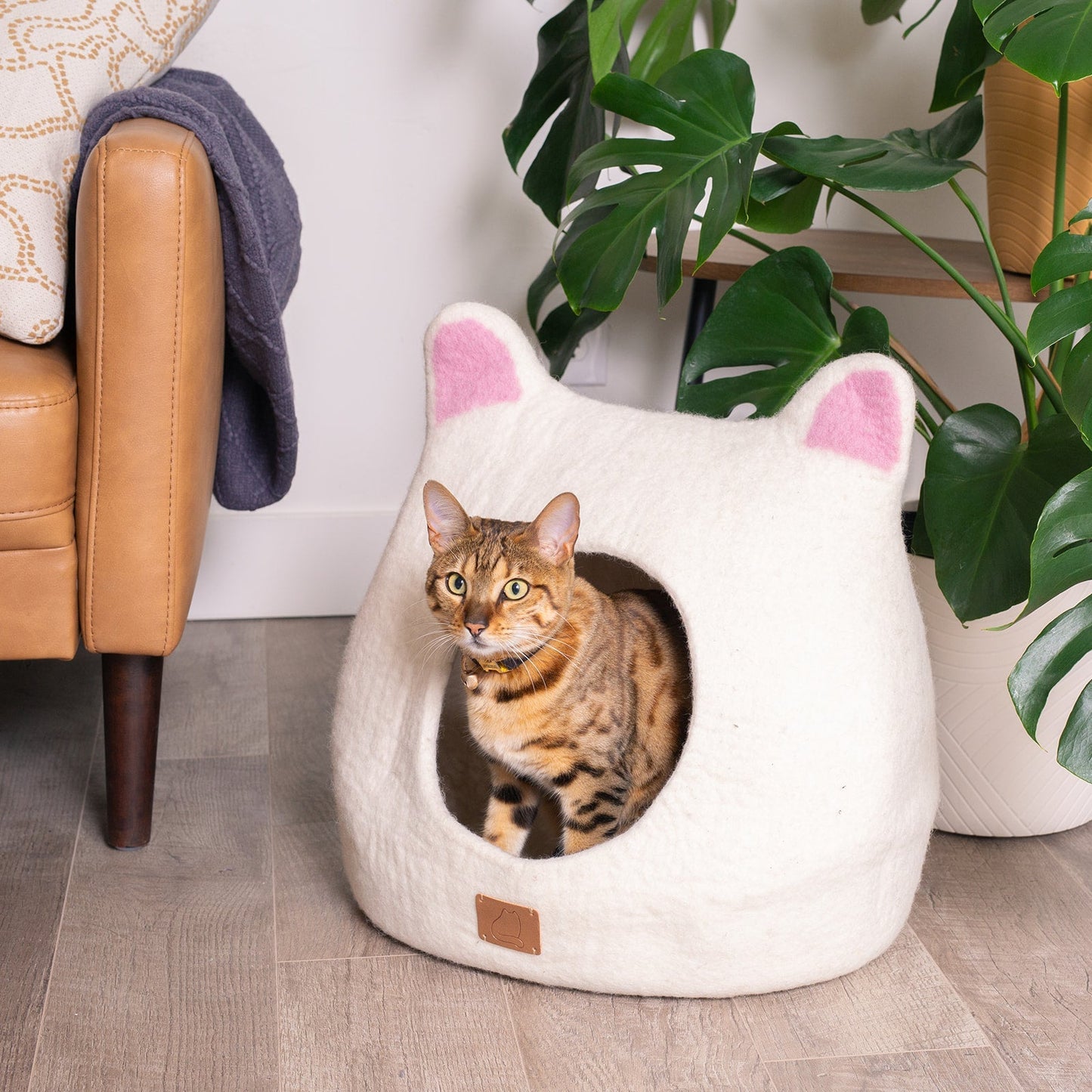 Handmade Felted Wool Cat Cave with Accent Ears for Indoor Cats & Kittens, Two-Tone Peekaboo Hideaway Bed for Napping, Hiding & Modern Home Decor