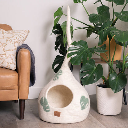 Monstera Leaf Felted Wool Cat Cave for Indoor Cats & Kittens, Handcrafted Botanical Peekaboo Hideaway Bed, for Napping, Hiding & Plant Lover Homes