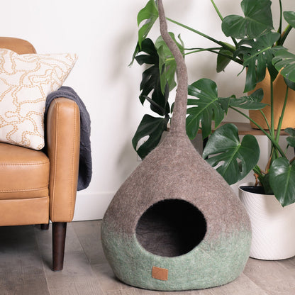 Ombre Felted Wool Cat Cave for Indoor Cats & Kittens, Handcrafted Gradient Peekaboo Hideaway Bed, for Napping, Hiding, Lounging & Modern Home Decor