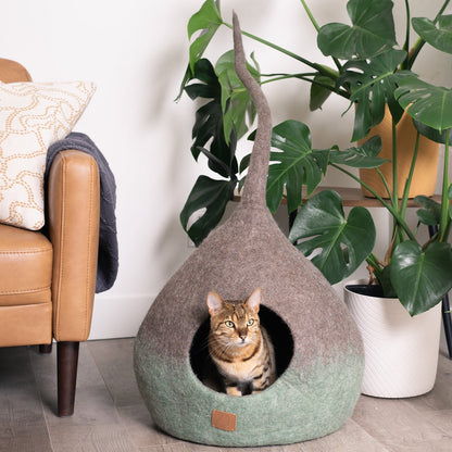 Ombre Felted Wool Cat Cave for Indoor Cats & Kittens, Handcrafted Gradient Peekaboo Hideaway Bed, for Napping, Hiding, Lounging & Modern Home Decor