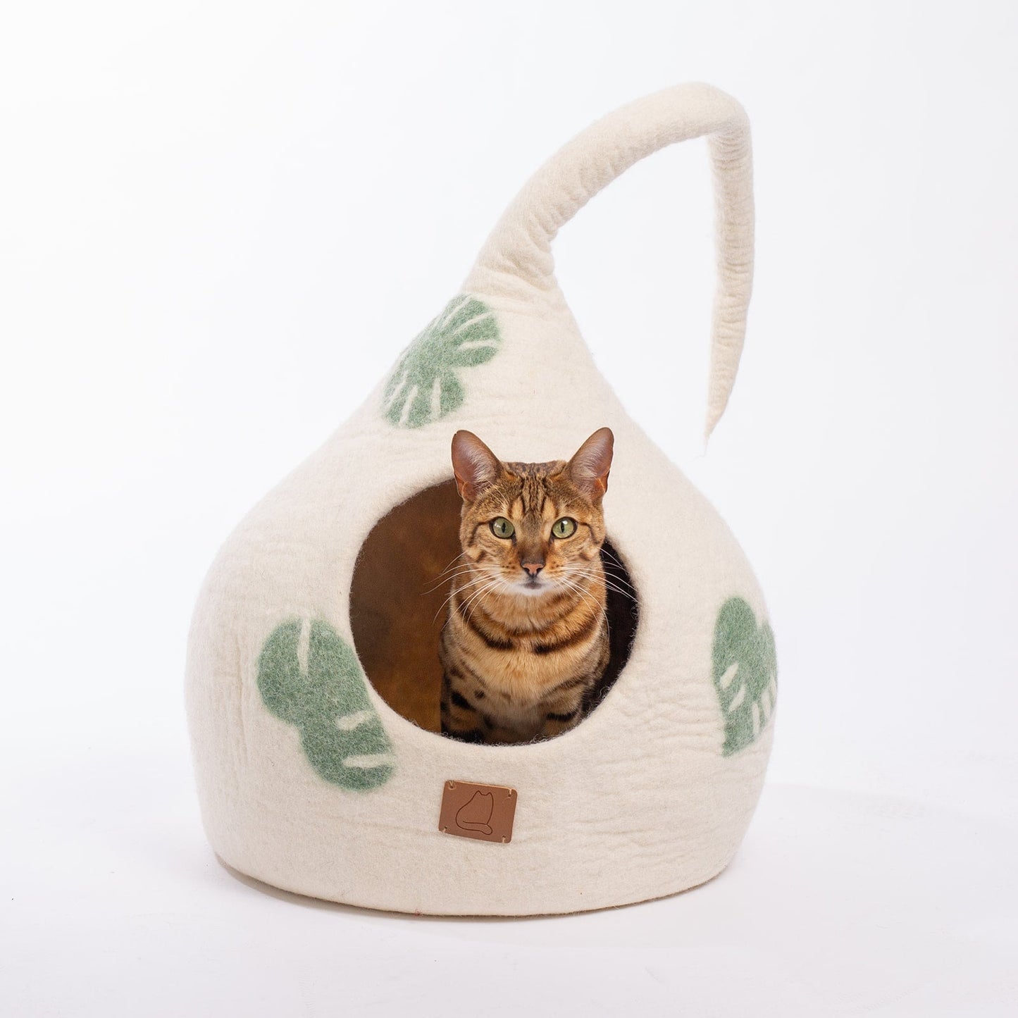 Monstera Leaf Felted Wool Cat Cave for Indoor Cats & Kittens, Handcrafted Botanical Peekaboo Hideaway Bed, for Napping, Hiding & Plant Lover Homes