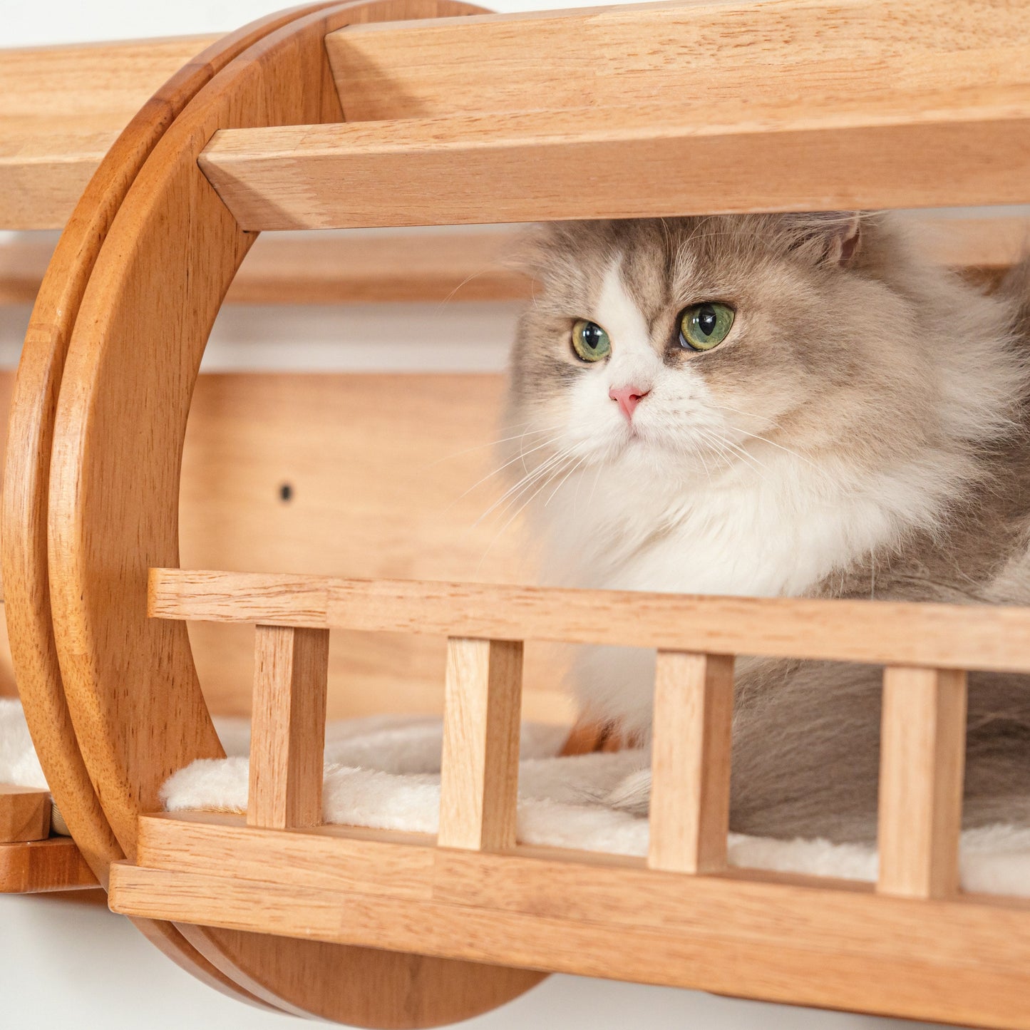 Large Wall Mounted Cat Tunnel for Indoor Cats, Rubberwood Elevated Hideaway Bed with Guard Rails, Connects Cat Shelves, for Cat Rooms & Apartments
