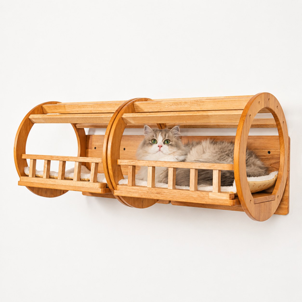 Large Wall Mounted Cat Tunnel for Indoor Cats, Rubberwood Elevated Hideaway Bed with Guard Rails, Connects Cat Shelves, for Cat Rooms & Apartments
