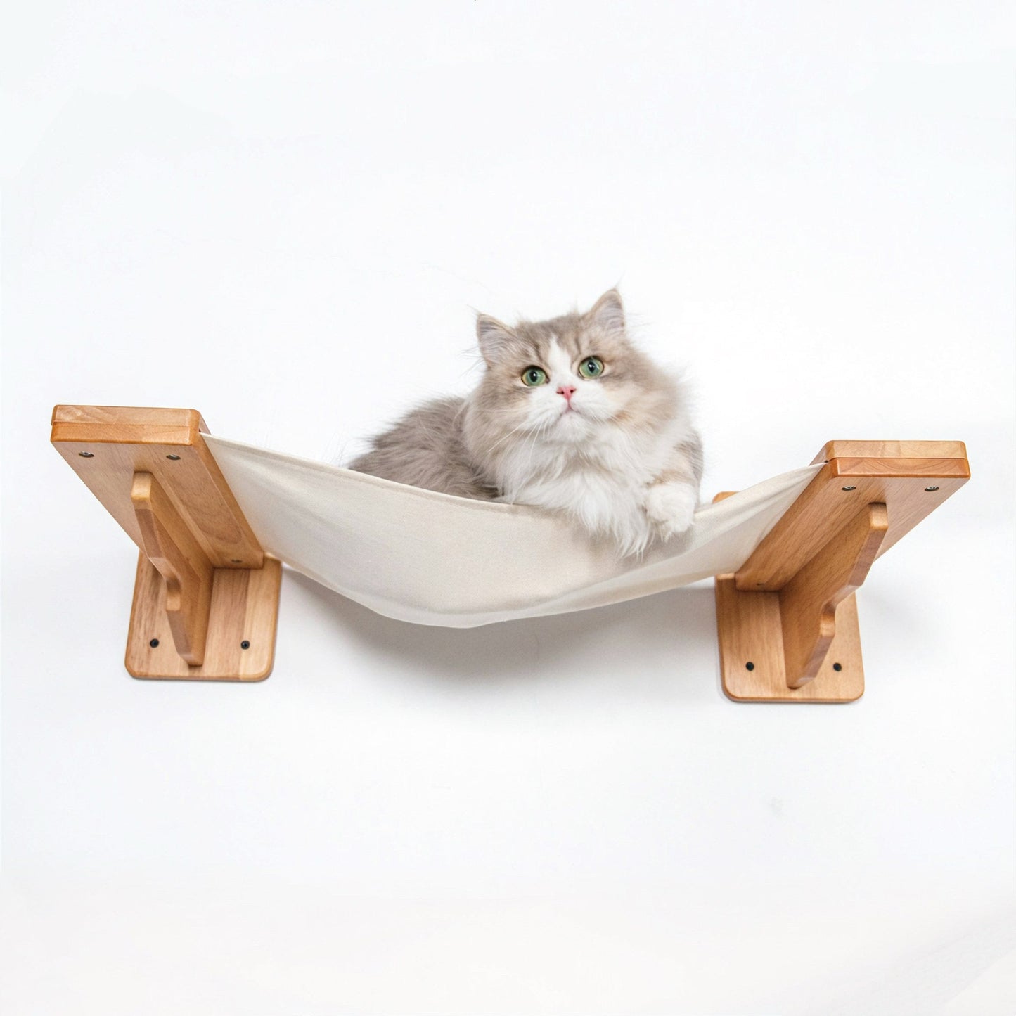 Comfy Wall Mounted Cat Hammock for Indoor Cats, Rubberwood Frame with Linen Sling Bed, Space-Saving Floating Lounger, for Cat Walls & Bedrooms