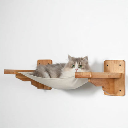 Comfy Wall Mounted Cat Hammock for Indoor Cats, Rubberwood Frame with Linen Sling Bed, Space-Saving Floating Lounger, for Cat Walls & Bedrooms