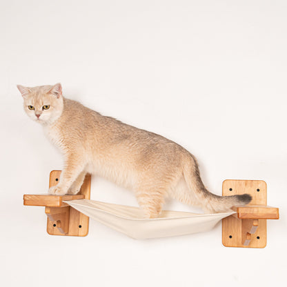 Comfy Wall Mounted Cat Hammock for Indoor Cats, Rubberwood Frame with Linen Sling Bed, Space-Saving Floating Lounger, for Cat Walls & Bedrooms