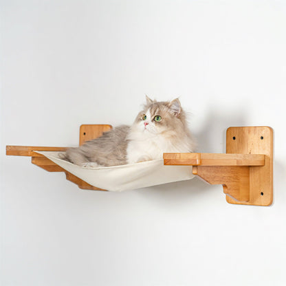 Comfy Wall Mounted Cat Hammock for Indoor Cats, Rubberwood Frame with Linen Sling Bed, Space-Saving Floating Lounger, for Cat Walls & Bedrooms
