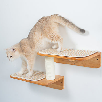 Wall Mounted Cat Shelf Perch for Indoor Cats, Double-Level Wood Cat Wall Furniture with Rope Scratching Post, for Climbing, Lounging & Small Spaces
