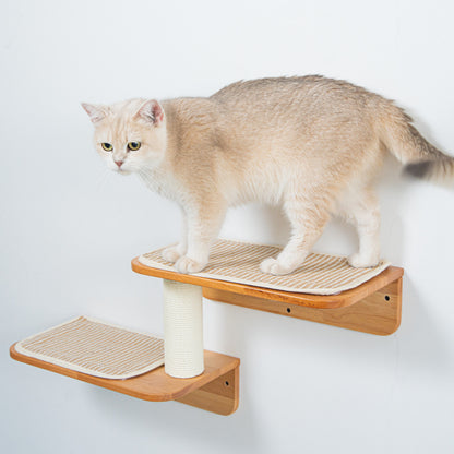 Wall Mounted Cat Shelf Perch for Indoor Cats, Double-Level Wood Cat Wall Furniture with Rope Scratching Post, for Climbing, Lounging & Small Spaces