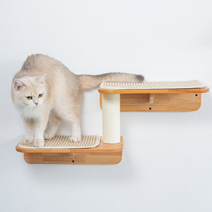Wall Mounted Cat Shelf Perch for Indoor Cats, Double-Level Wood Cat Wall Furniture with Rope Scratching Post, for Climbing, Lounging & Small Spaces