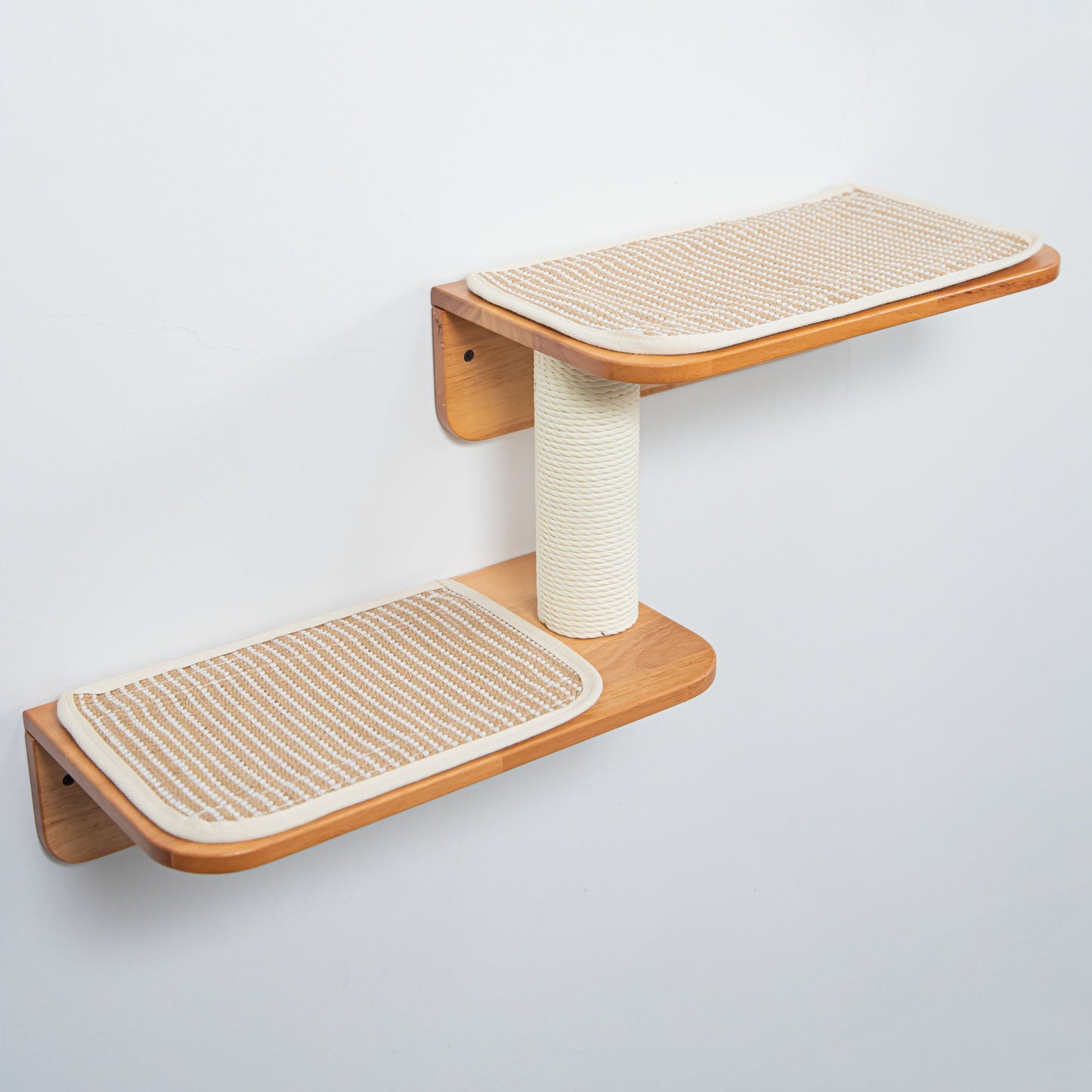 Wall Mounted Cat Shelf Perch for Indoor Cats, Double-Level Wood Cat Wall Furniture with Rope Scratching Post, for Climbing, Lounging & Small Spaces