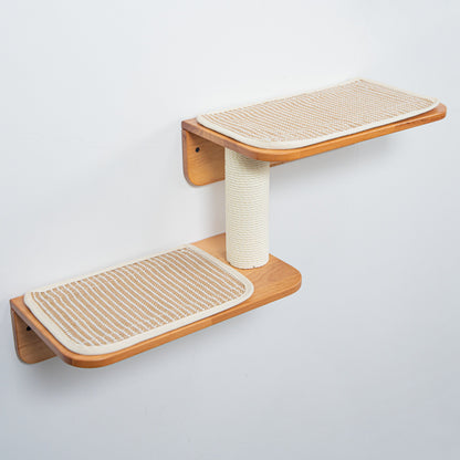Wall Mounted Cat Shelf Perch for Indoor Cats, Double-Level Wood Cat Wall Furniture with Rope Scratching Post, for Climbing, Lounging & Small Spaces