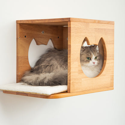 Wall Mounted Cat House for Indoor Cats, Wood Cat Wall Bed Cave with Front Perch, Space-Saving Elevated Hideaway for Napping, Bedrooms & Living Rooms