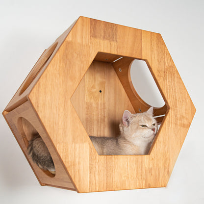 Large Hexagon Cat Wall House for Indoor Cats, Open-Front Wooden Wall Mounted Bed & Cave Perch, Space-Saving Design for Cat Walls & Living Rooms