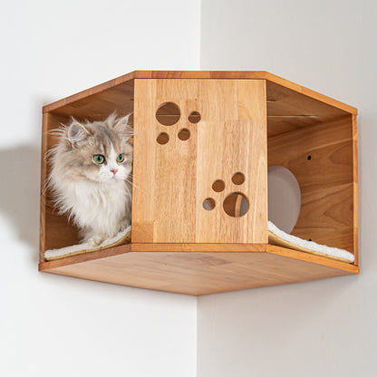Large Corner Cat Wall House for Indoor Cats, Space-Saving Wall Mounted Rubberwood Bed & Hideaway with Round Entrances, for Bedrooms & Apartments