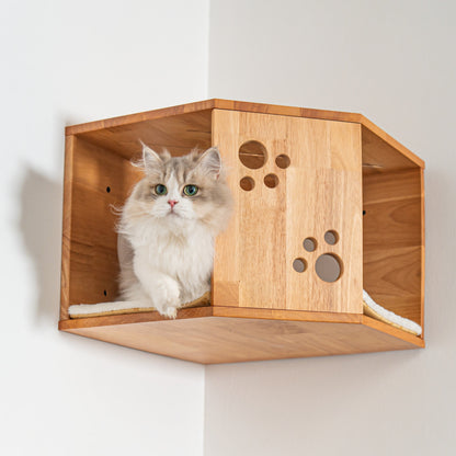 Large Corner Cat Wall House for Indoor Cats, Space-Saving Wall Mounted Rubberwood Bed & Hideaway with Round Entrances, for Bedrooms & Apartments