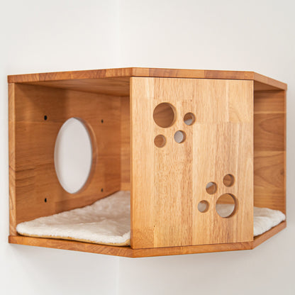 Large Corner Cat Wall House for Indoor Cats, Space-Saving Wall Mounted Rubberwood Bed & Hideaway with Round Entrances, for Bedrooms & Apartments