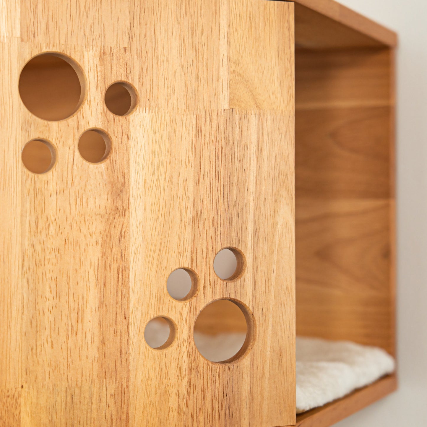 Large Corner Cat Wall House for Indoor Cats, Space-Saving Wall Mounted Rubberwood Bed & Hideaway with Round Entrances, for Bedrooms & Apartments